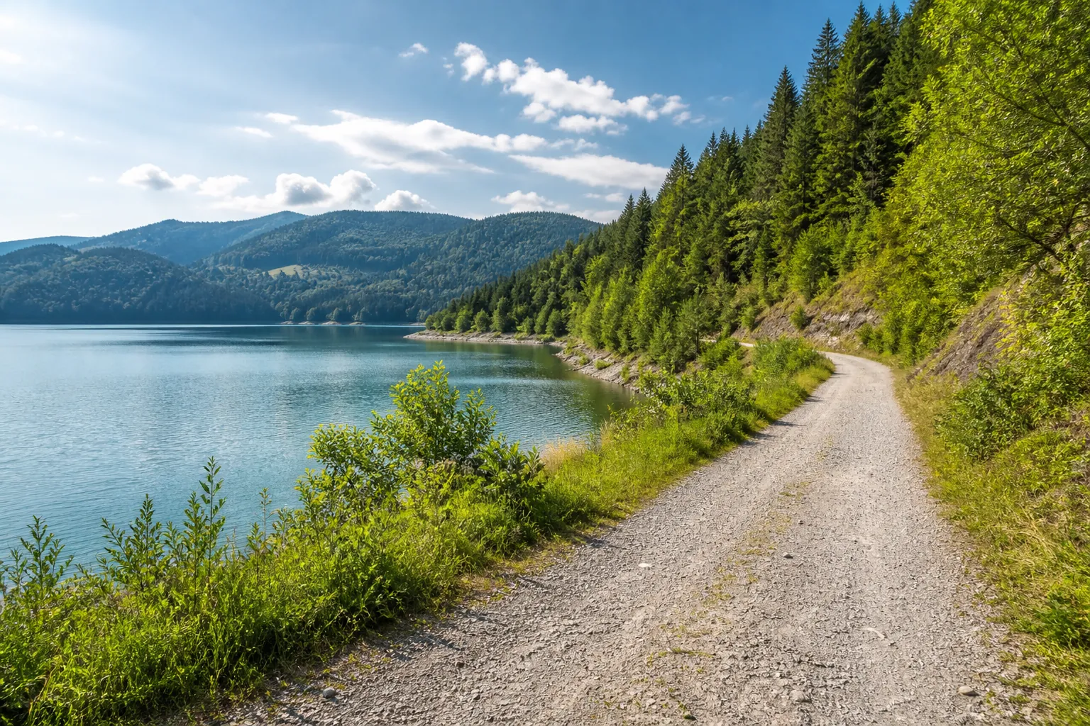 Štrková trasa popri jazere vhodná na turistiku a cyklistiku