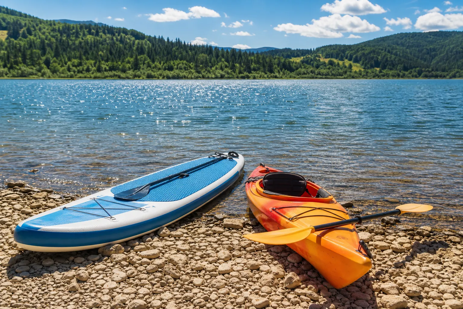 Paddleboard a kajak položené na brehu pokojného jazera